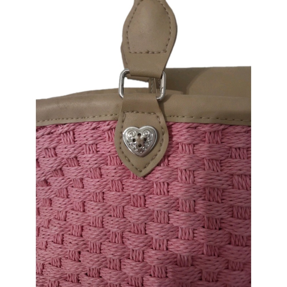Vintage Fabric Lined Woven Shoulder Handbag Purse Tote Pink Brown 14" x 8" - Picture 2 of 4